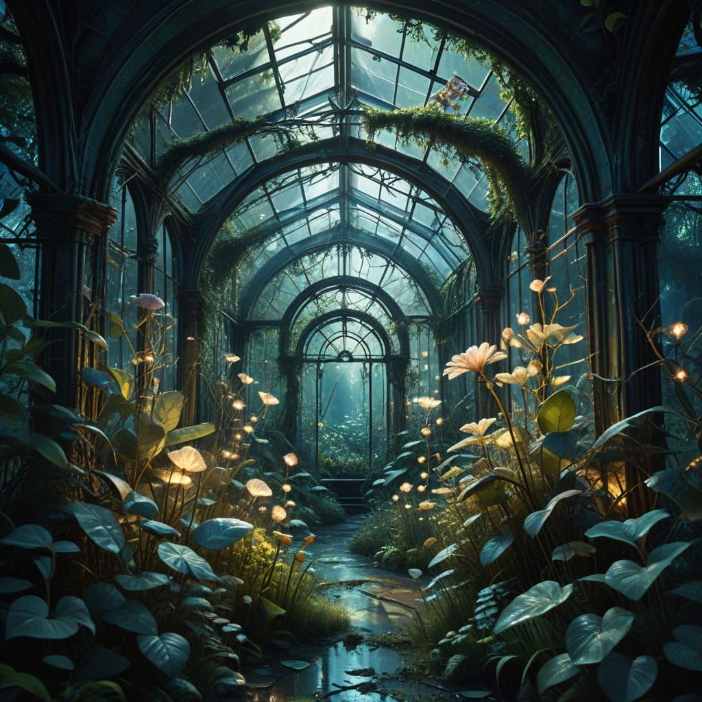 Victorian Greenhouse Reclaimed by Bioluminescent Nature