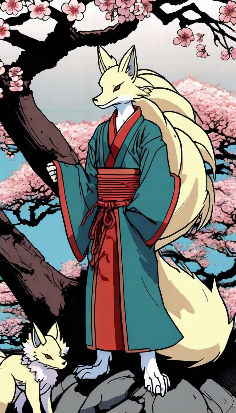 Nine-tailed Ninja in Osaka: Comic Book Style Illustration