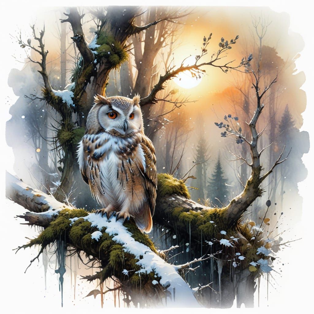 Ethereal Owl in Frost-Kissed Winter Woodland