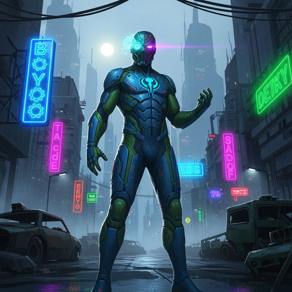 Futuristic Superhero in Cobalt and Green Suit