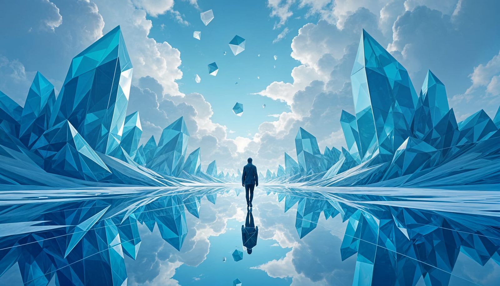 Surreal Crystalline Trees Reflecting Geometric Sky