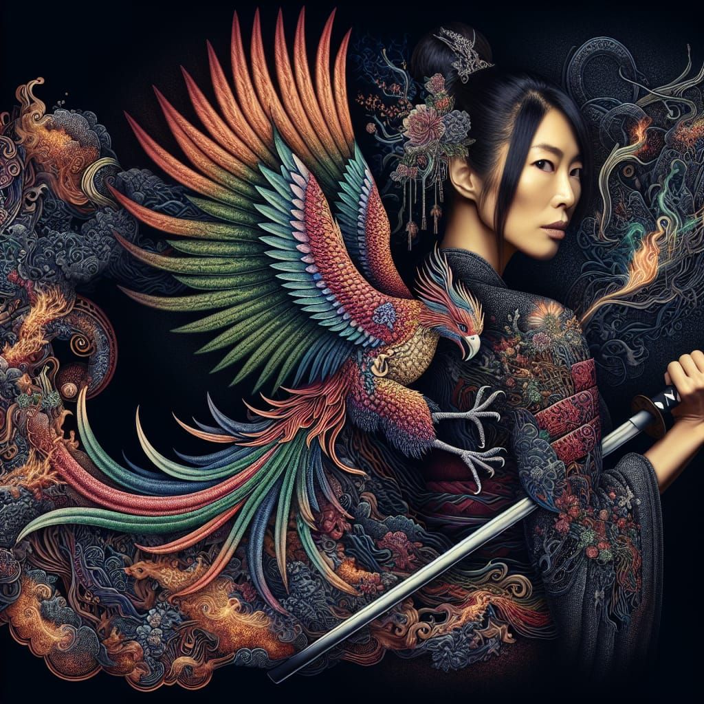 Samurai Woman with Phoenix Tattoo in Mystical Style
