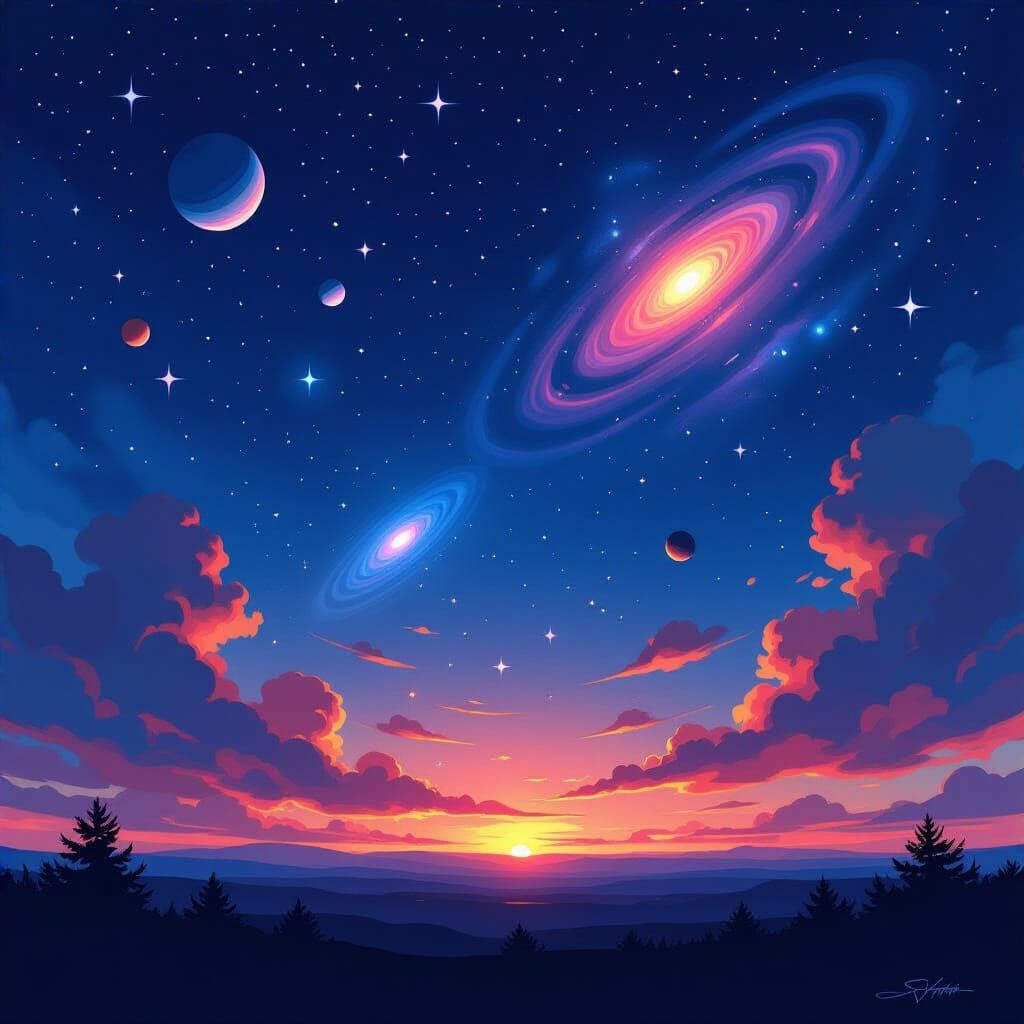 Fantastical Airbrushed Night Sky with Planets and Stars