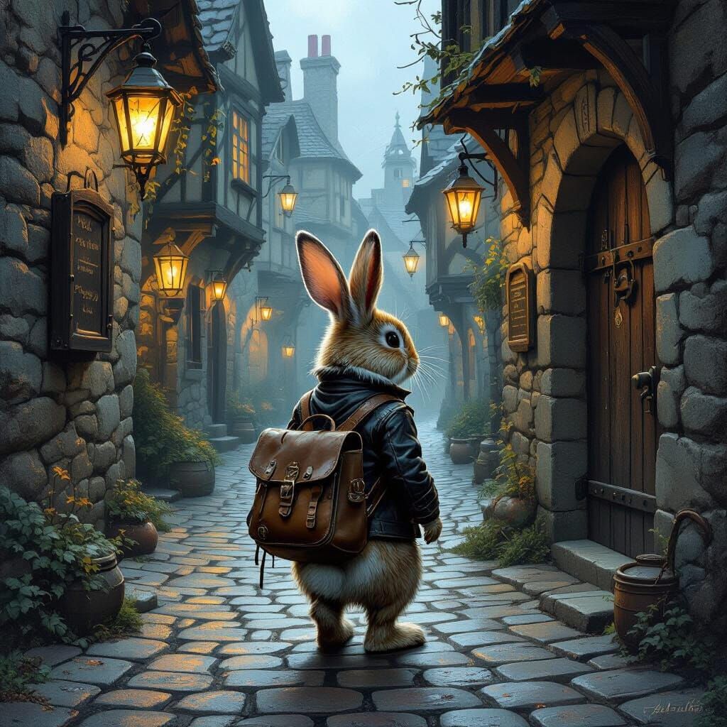 Lone Rabbit at Dim Tavern Entrance with Flickering Lanterns