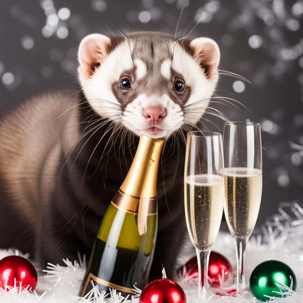 Ferret Celebrates New Year's Eve with Champagne