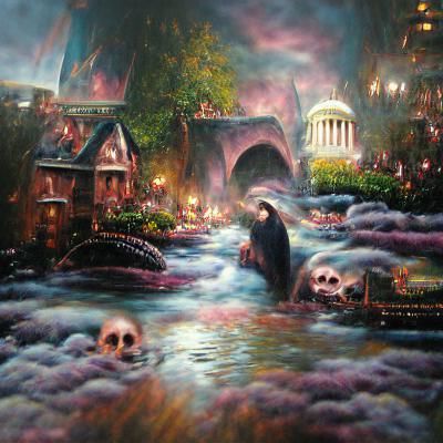River Styx in Kinkade-Inspired Macabre Style