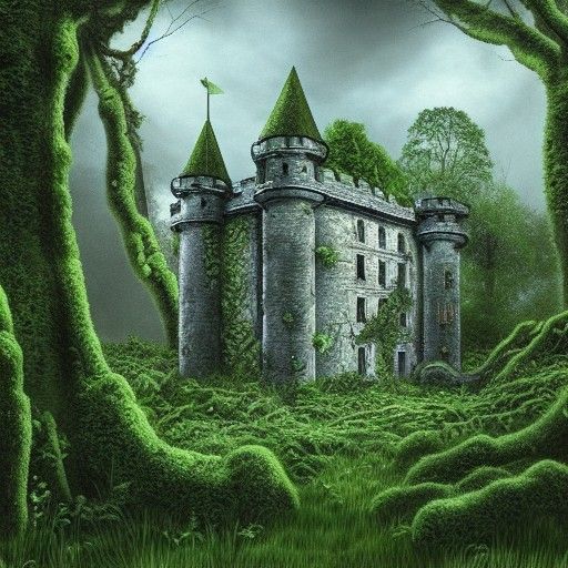 Moss-Covered Castle with Knight in Hyperrealism