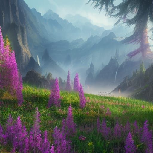 Fantastical Fireweed Field in Detailed Matte Painting Style