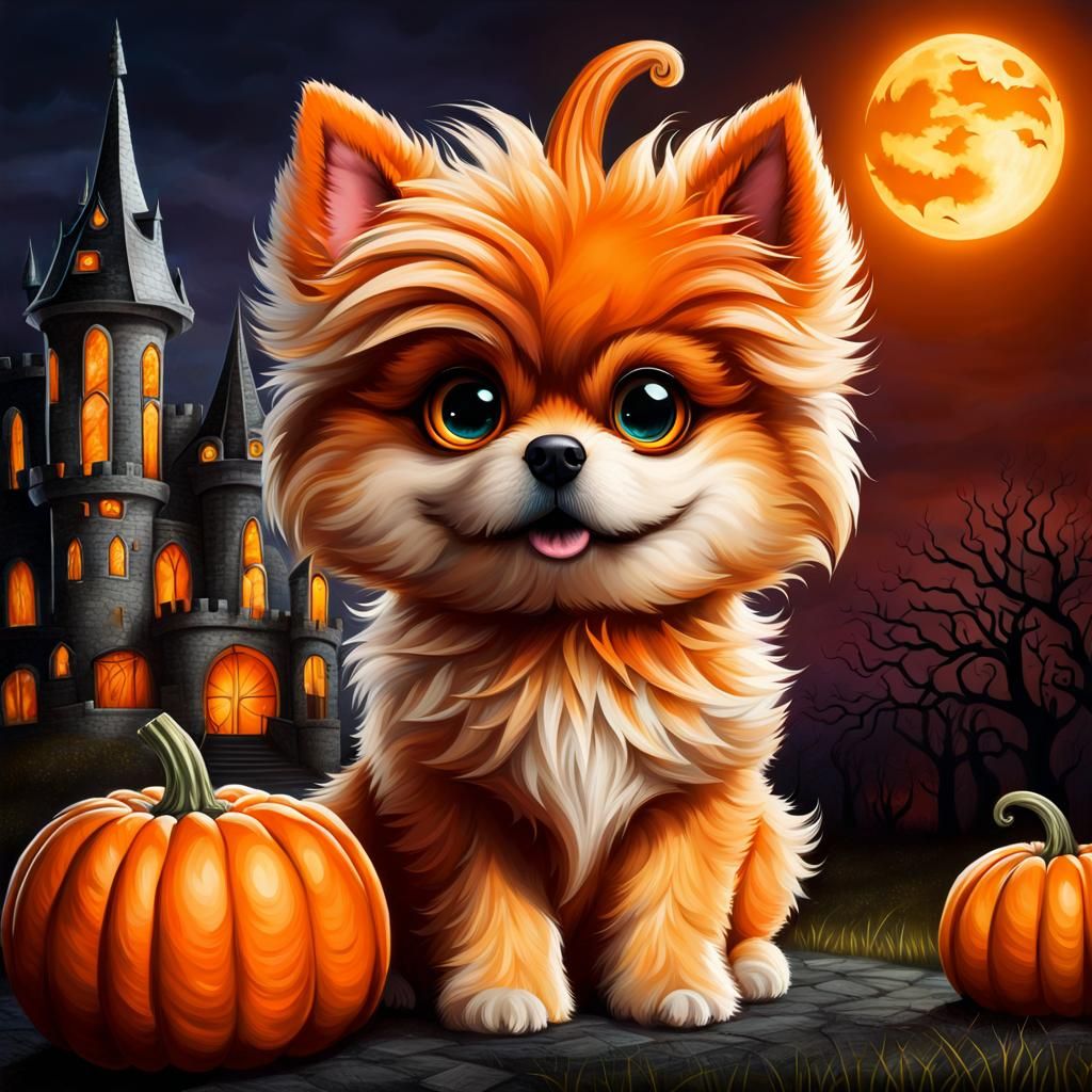 Cute Pumpkin Dog in Halloween Fantasy Scene