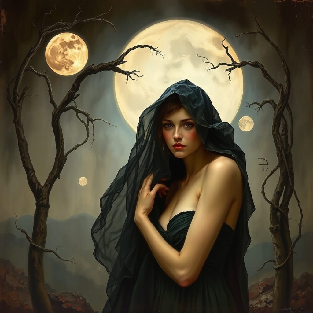 Mysterious Veiled Woman in Moonlit Landscape Oil Painting