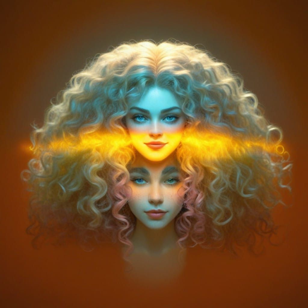 Elegant Woman with Abundant Wild Hair and Enigmatic Smile