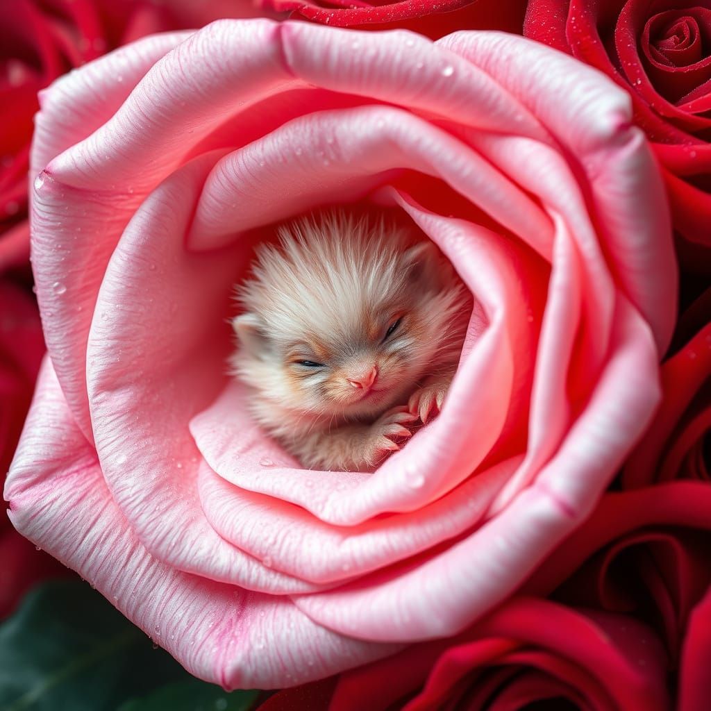 A highly realistic, extremely tiny and fluffy, absolutely vibrant pink, kind, smiling, endearing creature with very long...