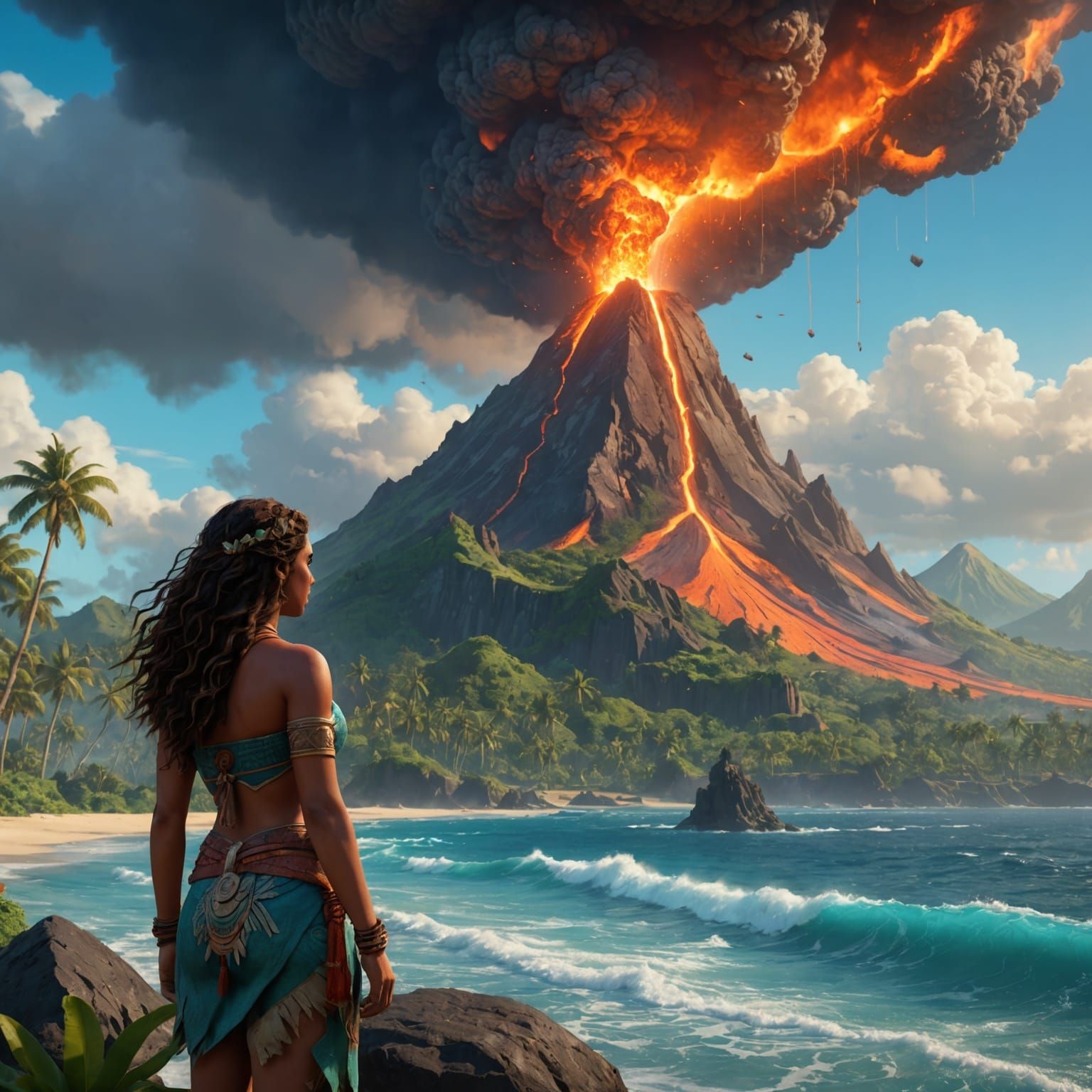 Moana Observes a Volcano: Hyperdetailed Concept Art