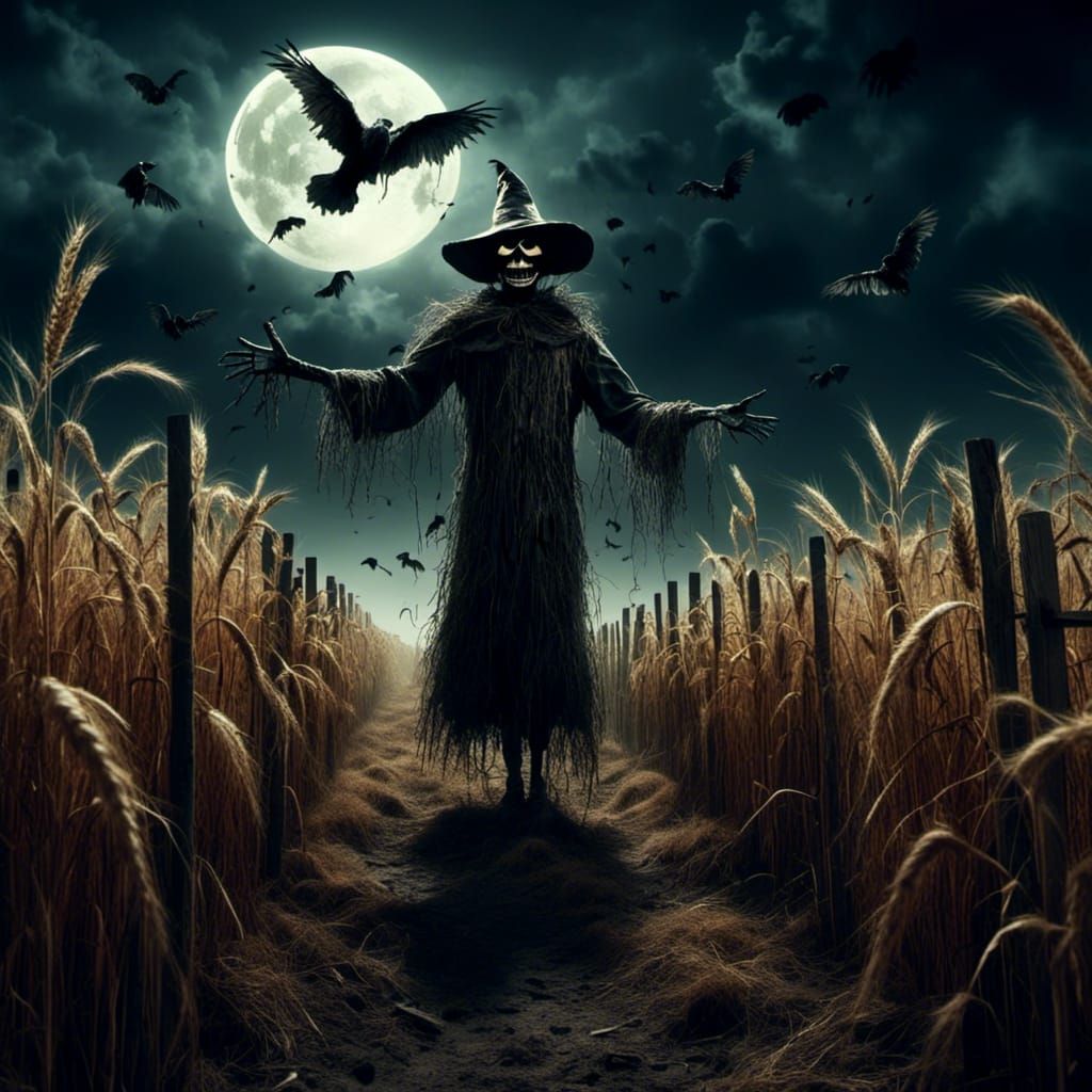 Creepy Scarecrow Summons Crows Under Full Moon