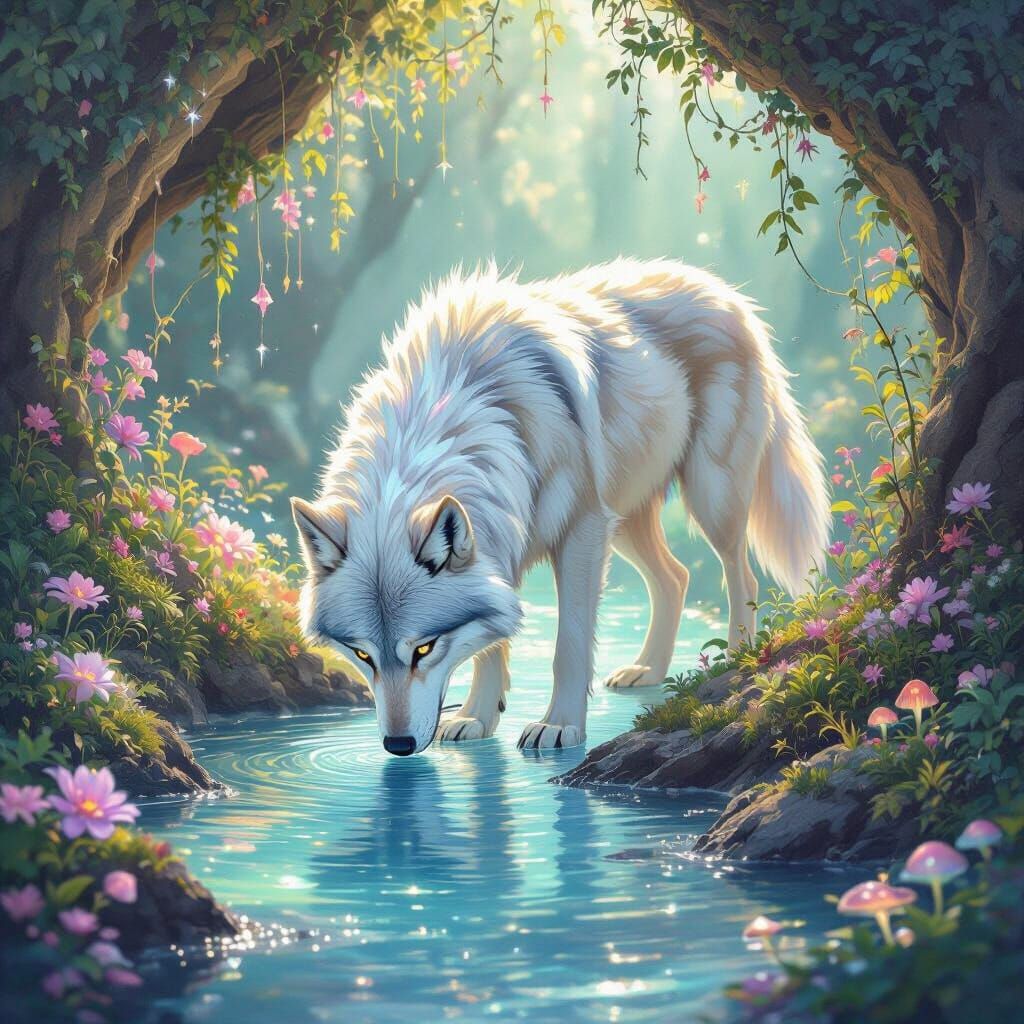Opalescent Wolf in Grotto: Art Nouveau Illustration