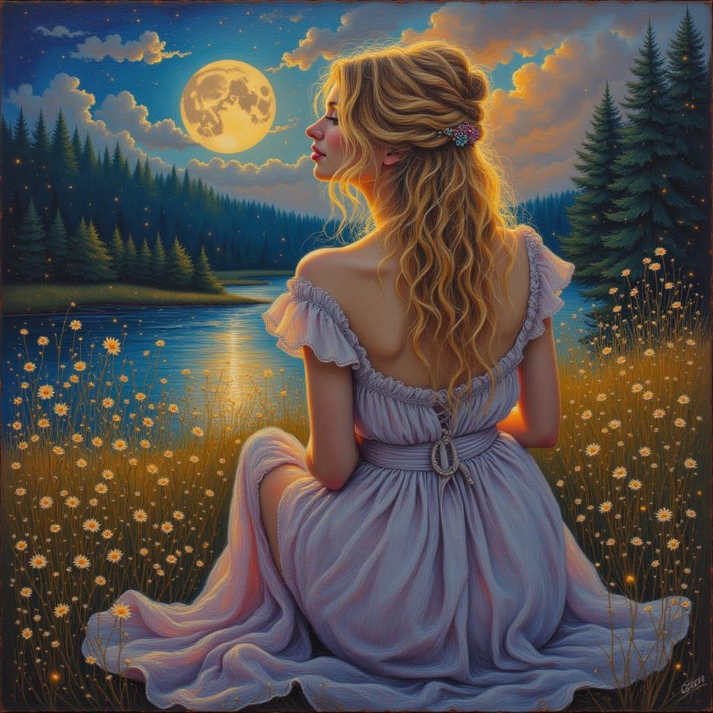 Elegant Woman in a Magical Landscape as Oil Painting