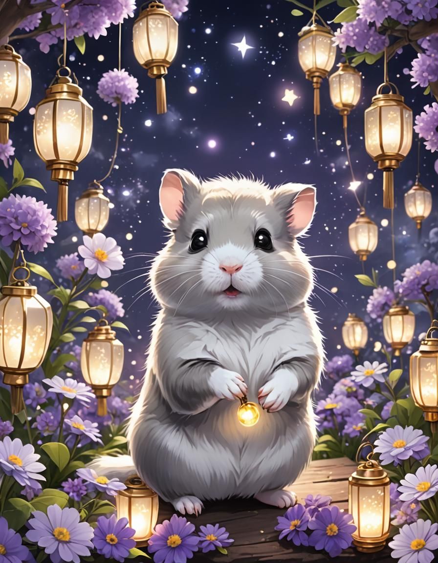 Adorable Hamster with Flowers in Anime Style