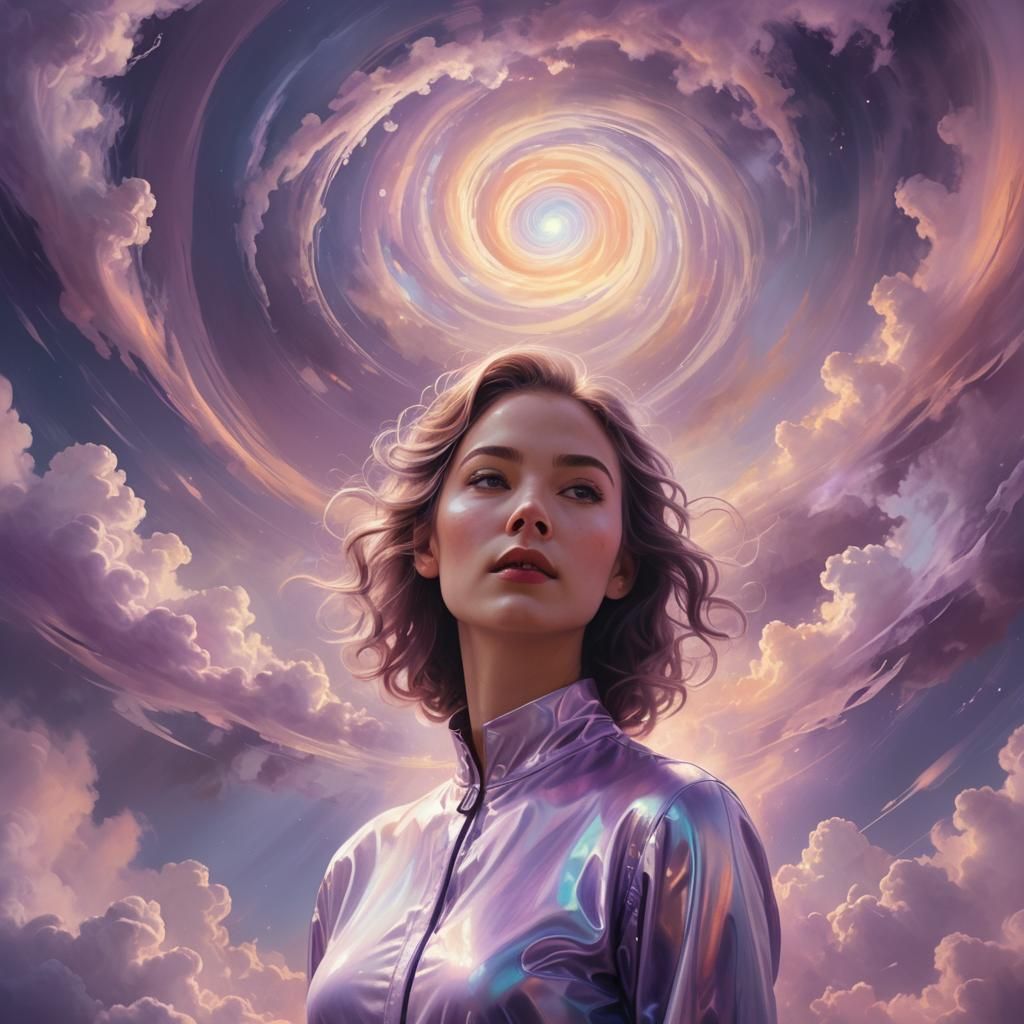 Ethereal Woman in Cloud Vortex: Post-Modern Digital Portrait