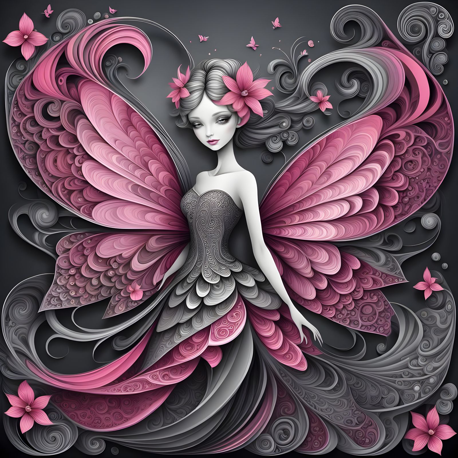 Elegant Fairy with Zentangle and Fractal Details