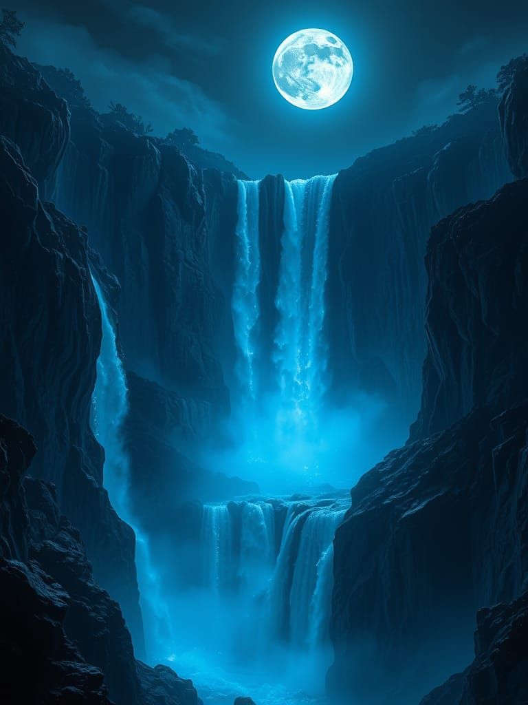 Glowing Sapphire Waterfalls Under Moonlight