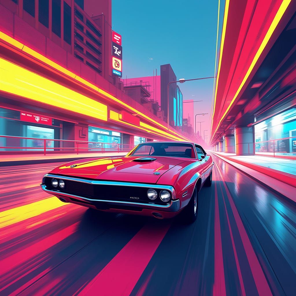 Dazzling Lofi Vector Art of a Speeding Car in Neon Streets
