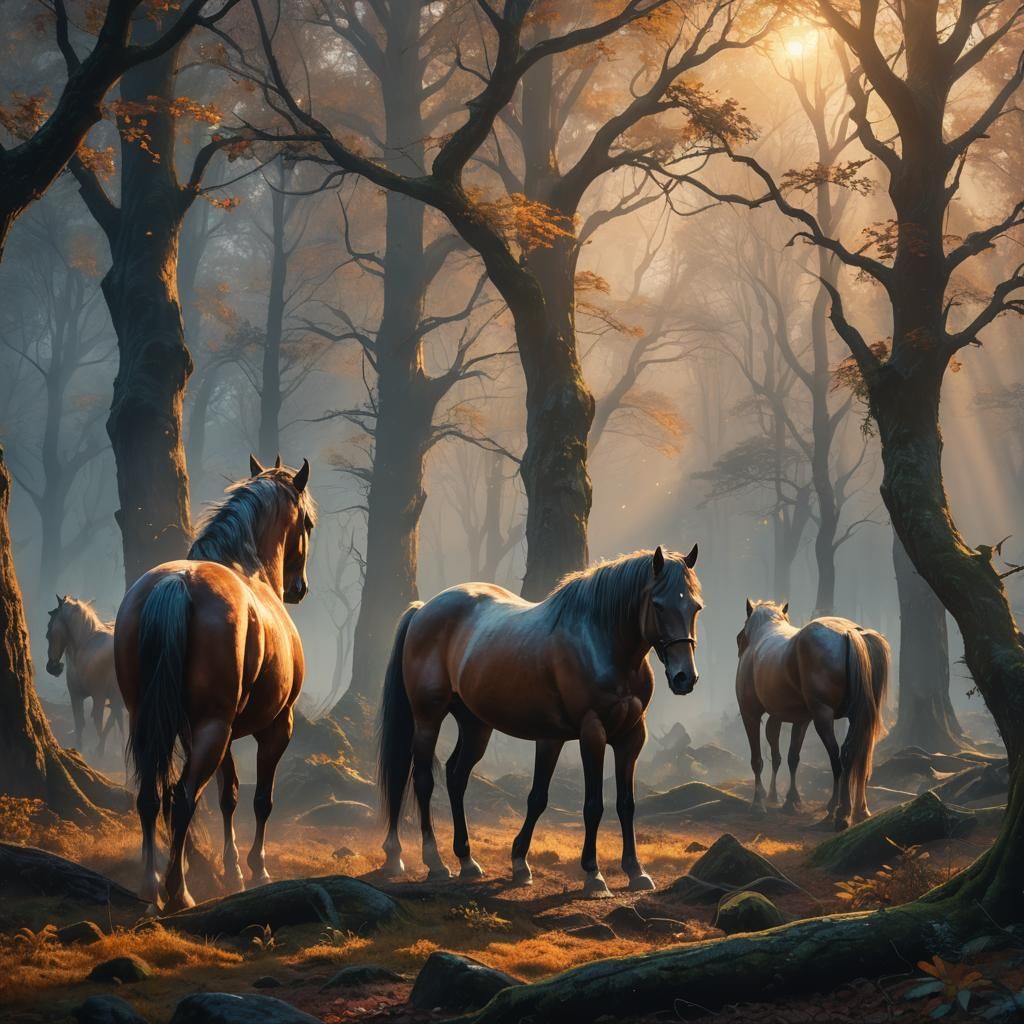 Misty Forest Horses in Golden Hour Lighting