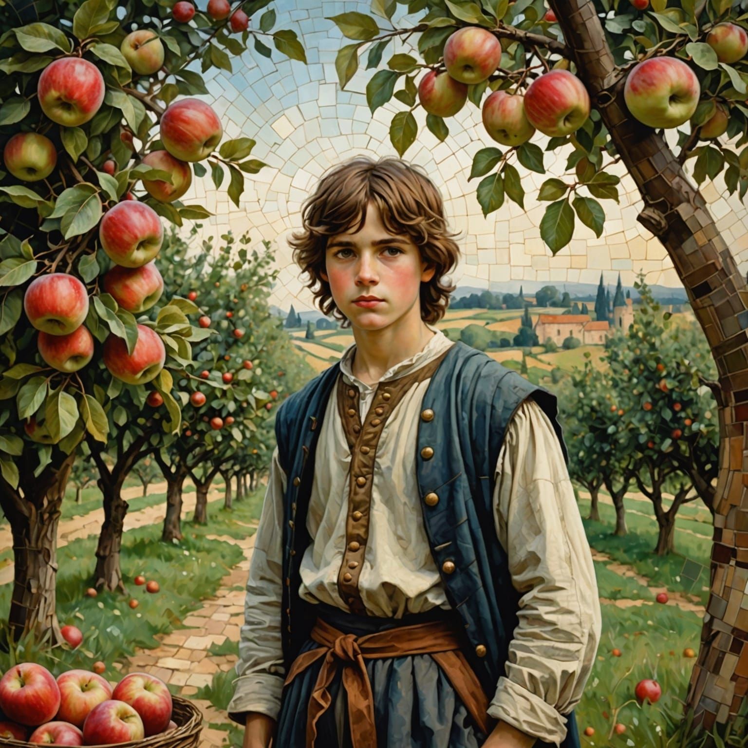 Medieval Boy Harvesting Apples in Orchard