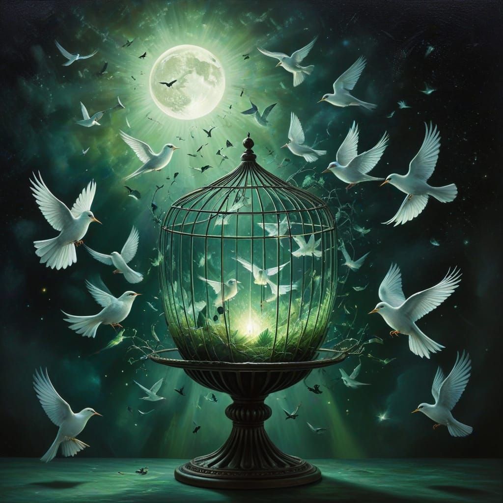 Glowing Birds Escape Open Cage in Ethereal Oil Painting