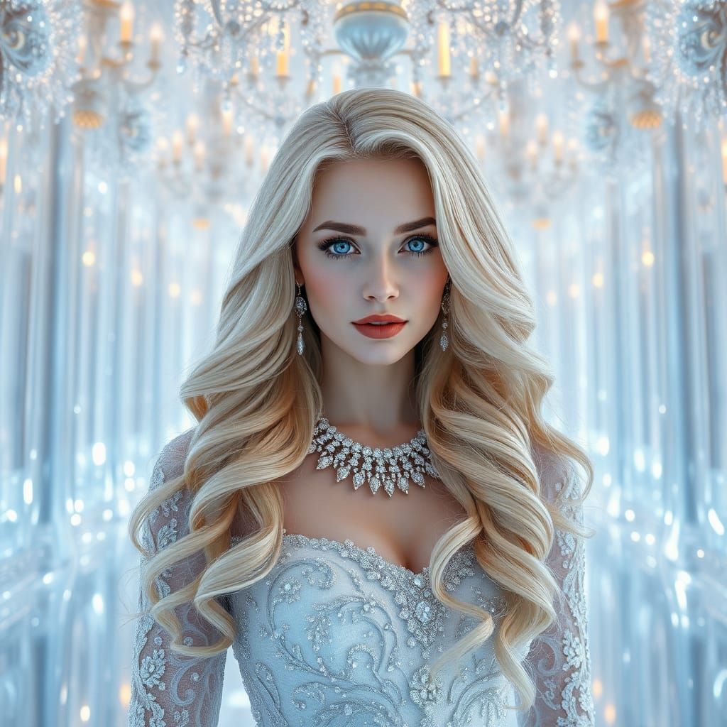 Beautiful Ice Queen in Crystalline Ballroom