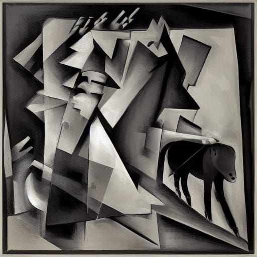 Monochromatic Cubist Painting of a War-Torn City