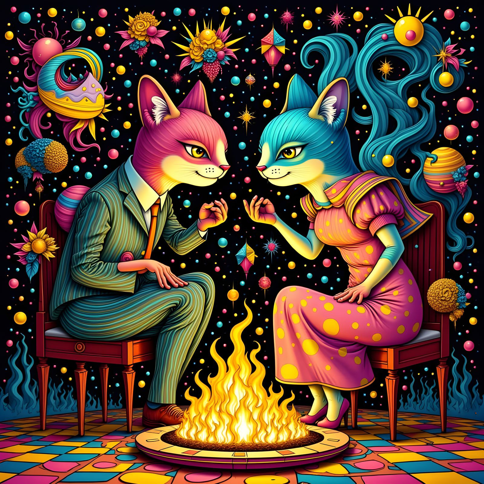 Vibrant Surrealistic Cat Couple Argument in Hairy Who Style