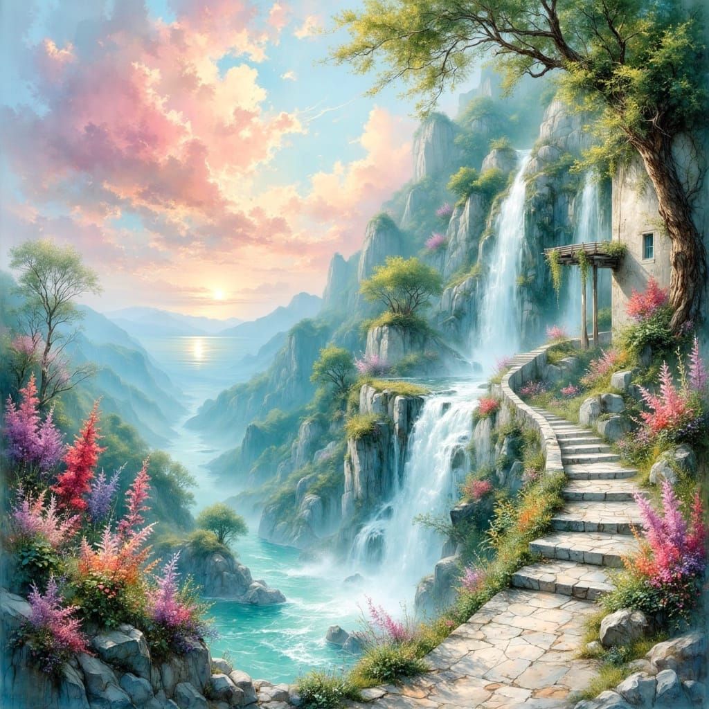 Dreamscape View of Waterfall and Monet Bridge