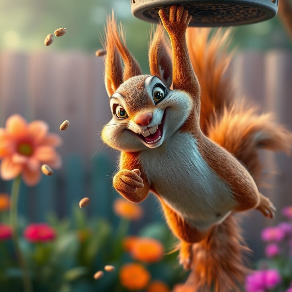 Comical Squirrel Stealing Birdseed, 3D Render