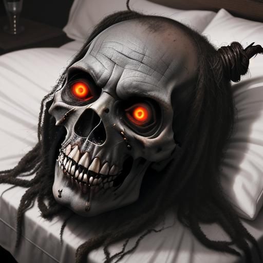 Terrifying Shrunken Head in Dark Bedroom: Horror Photography