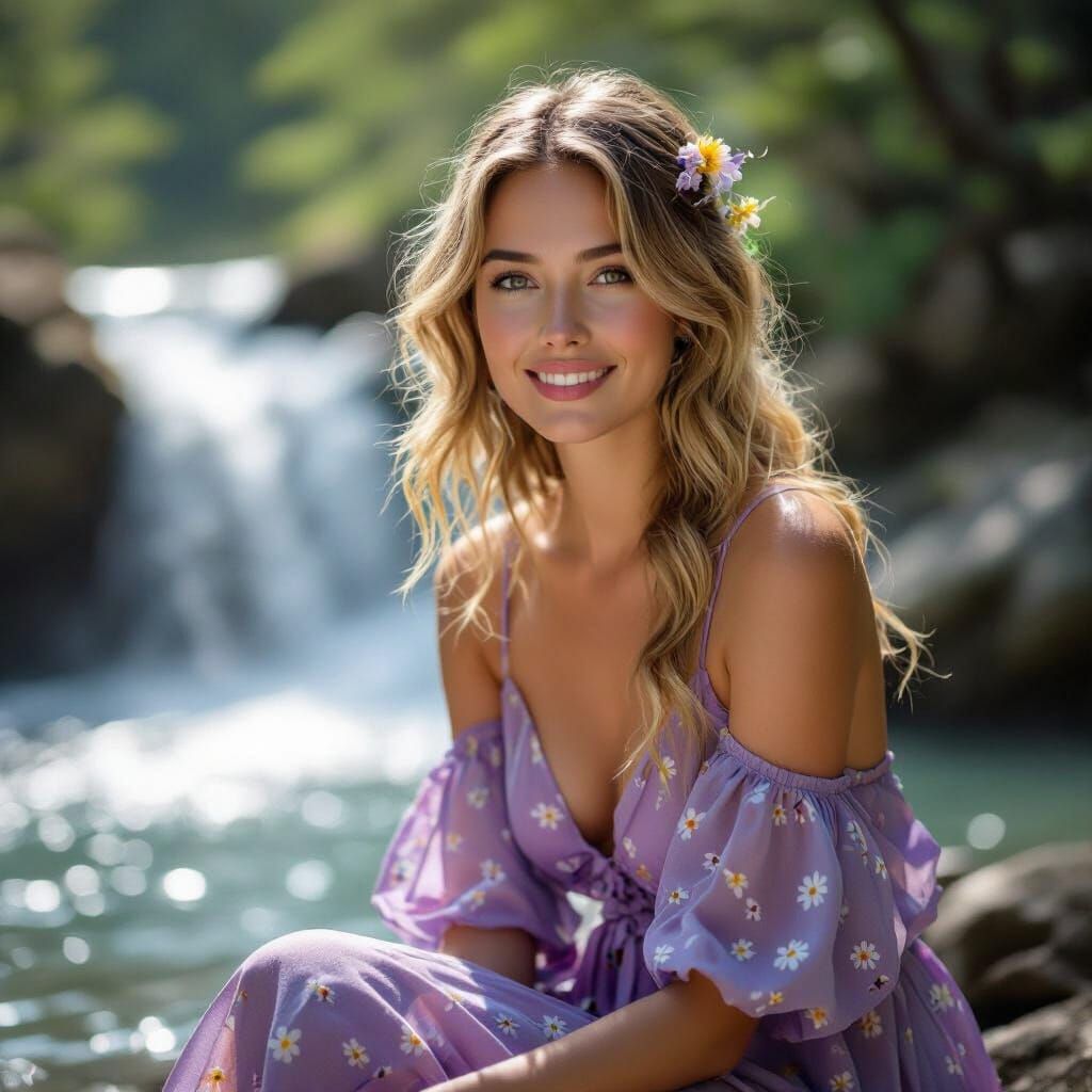 Woman with Flowers by Waterfall in Hyperrealism Style
