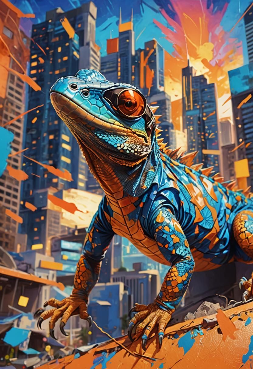 Cool Lizard Dad in Abstract Expressionist City