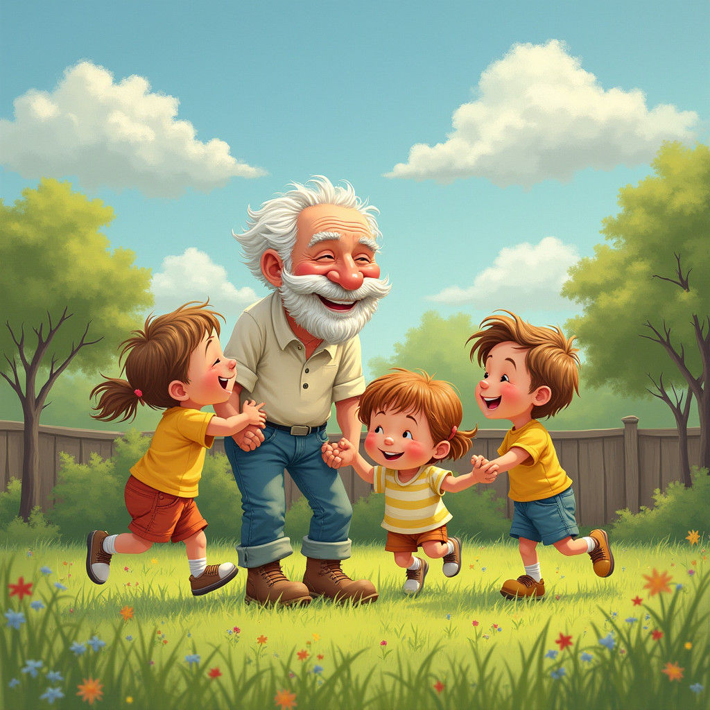 Grandfather and Grandkids Playing: Whimsical Illustration