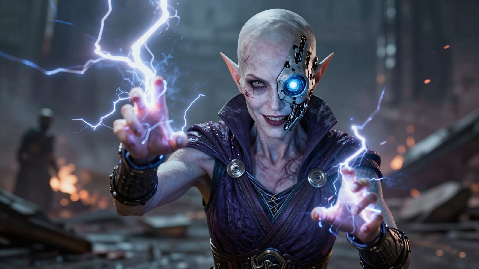 Sith Sorceress Unleashes Force Lightning on Battlefield