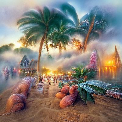 Tropical Beach Sunset: Ethereal Fantasy in Wide-Angle