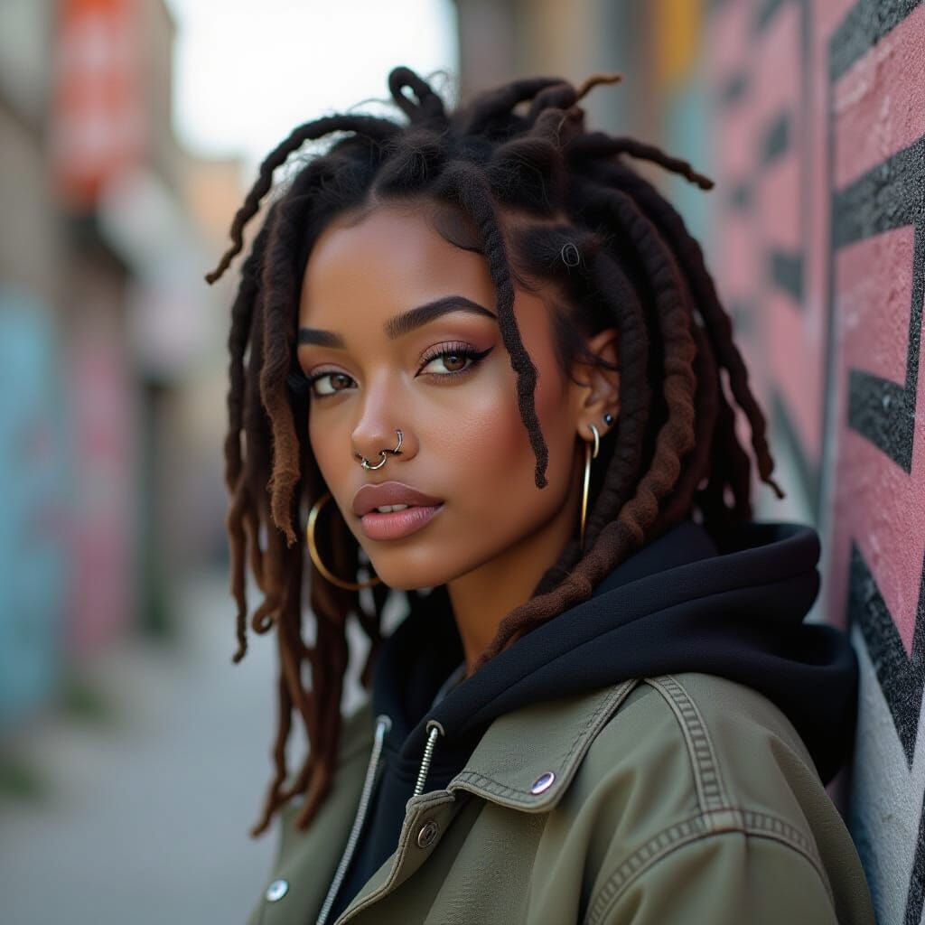 Hyperrealistic Portrait of Woman with Dreadlocks and Piercin...