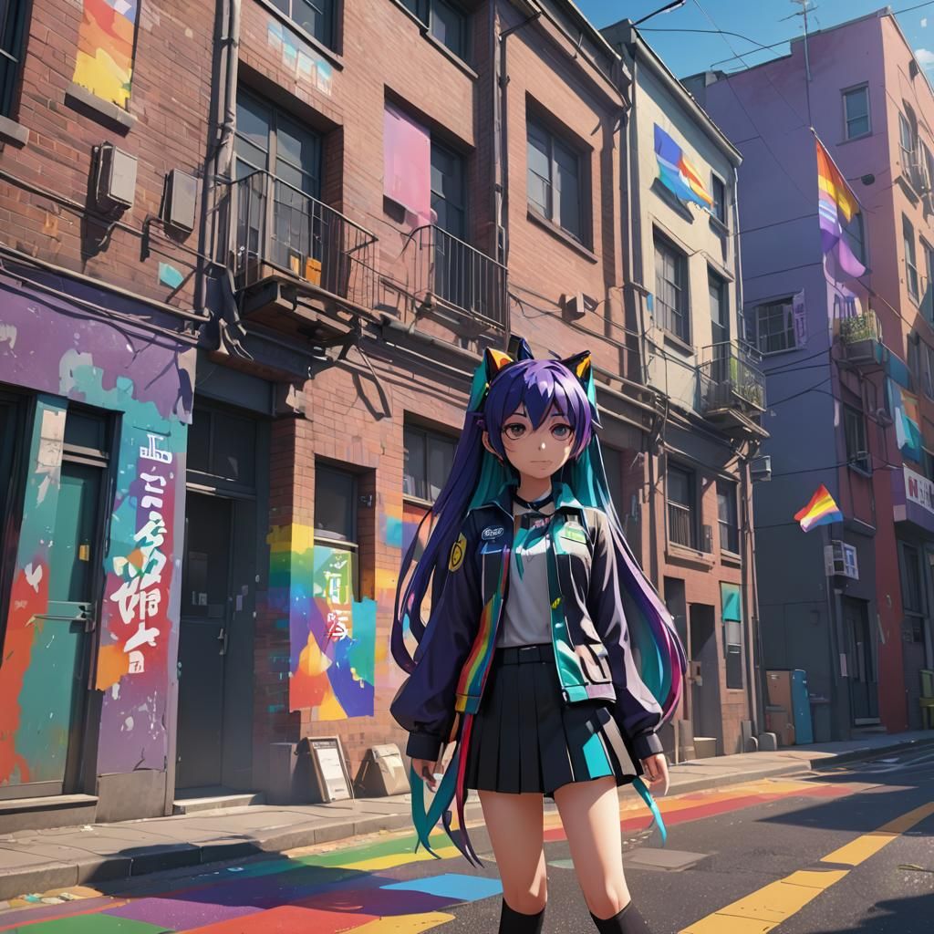 Anime Character Spraying Pride Flag on Rainbow Street