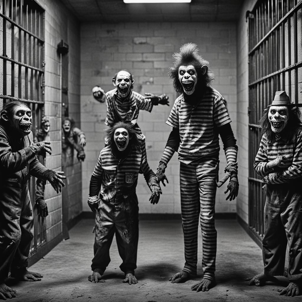 Zombie Monkey Clown Family: Maniacal Black and White Photo