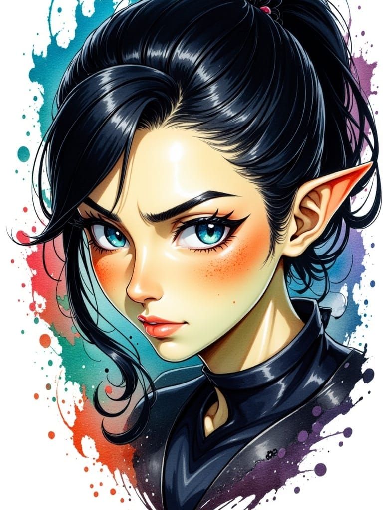 Anime Goblin Girl Portrait in Watercolor and Ink