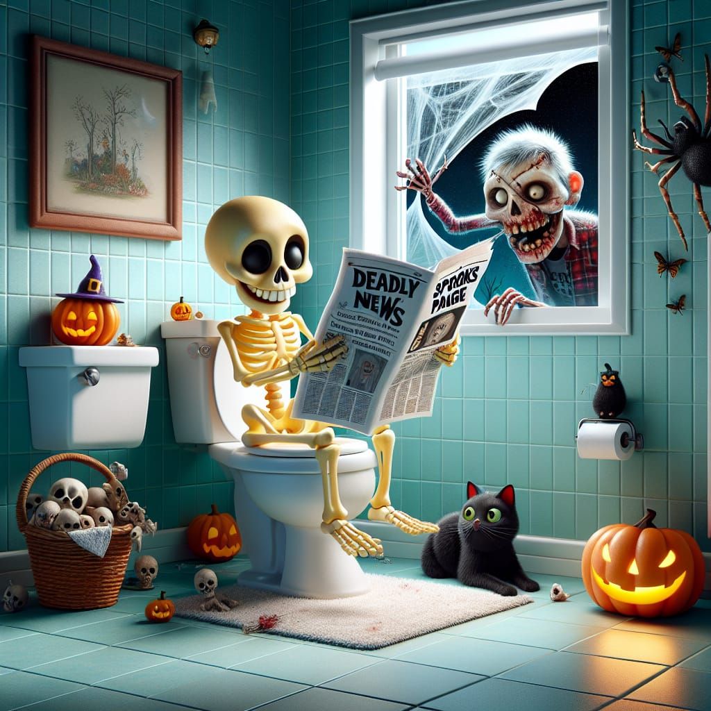 Whimsical Halloween Bathroom Scene with Cartoon Skeleton