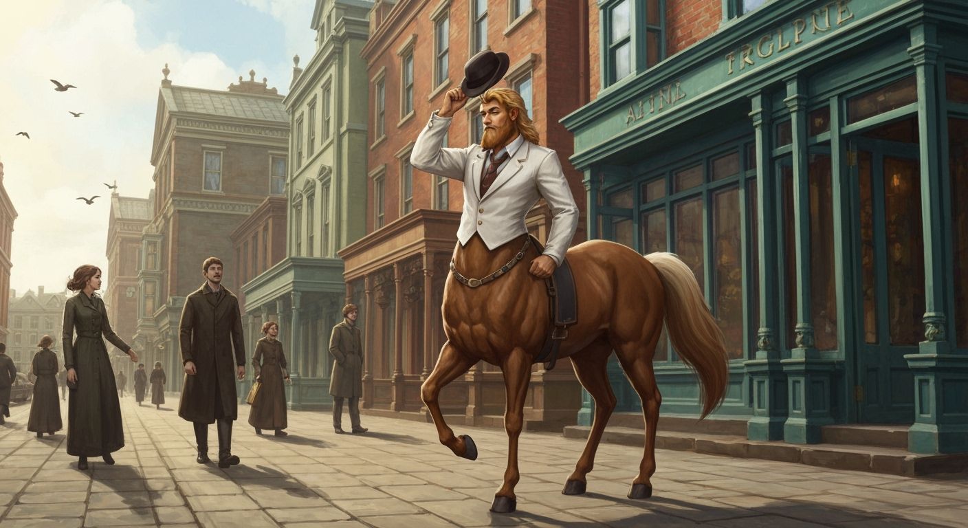 Victorian Centaur Sings to Passersby in Steampunk Town