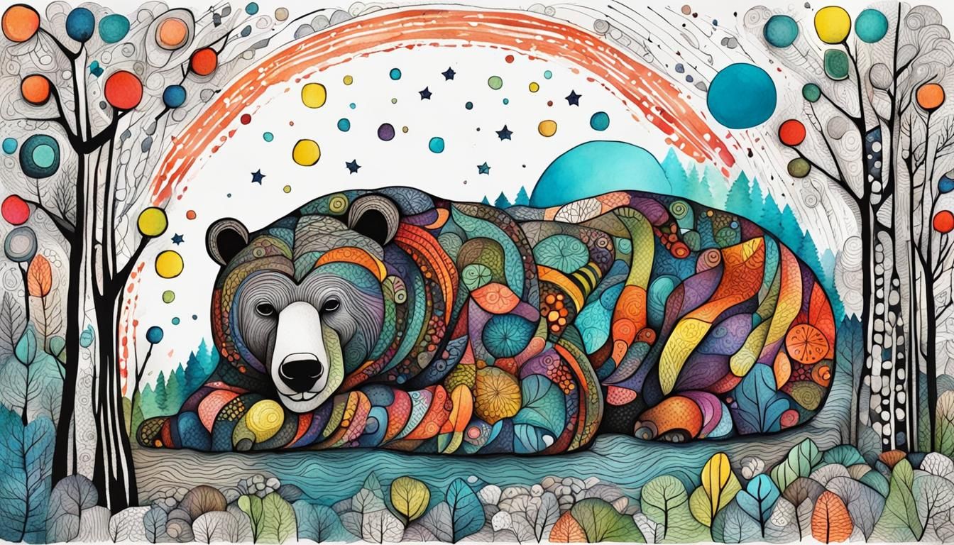 Colorful Bear As Asemic Zentangle Illustration
