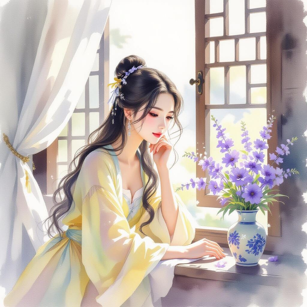 Dreamy Watercolor of Chinese Woman by Window