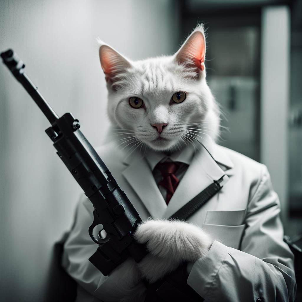Smug Cat with Tommy Gun in Gloomy Office