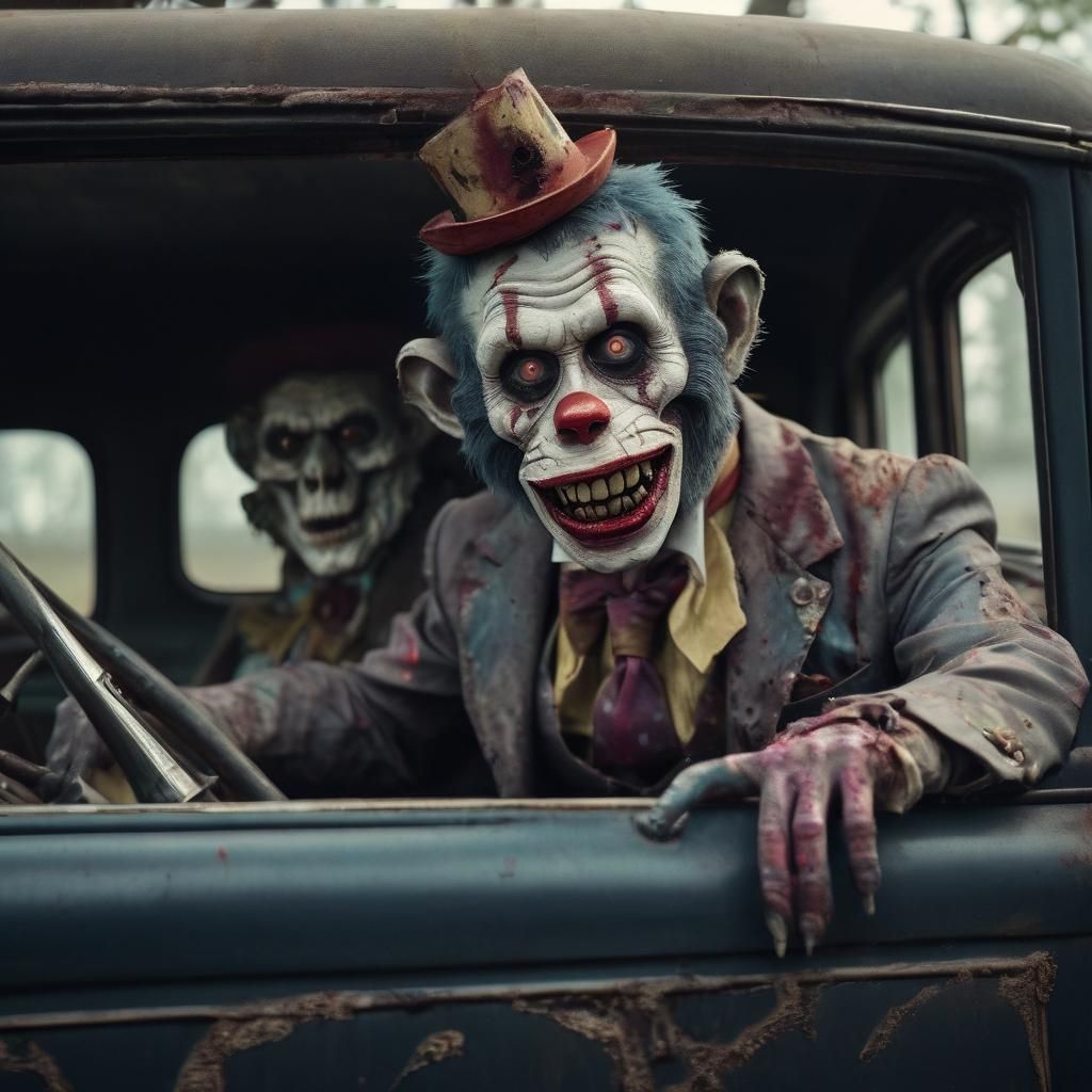 Zombie Monkey Clown Driving Hearse in Horror Portrait