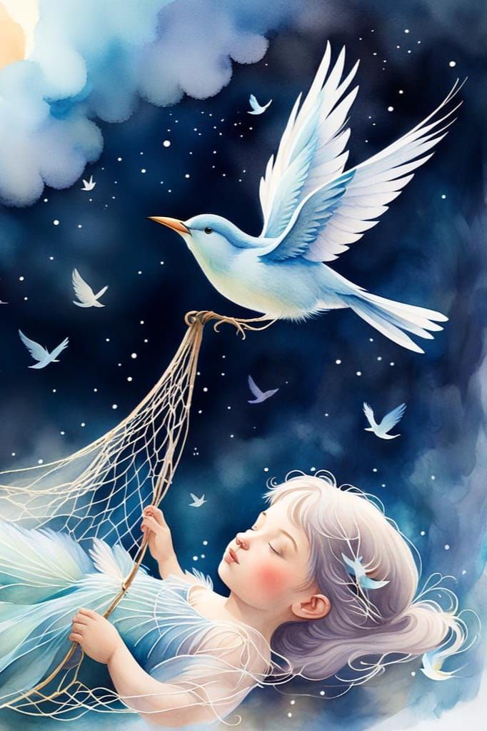 Dream-catching Bird in Watercolor Pastel Style